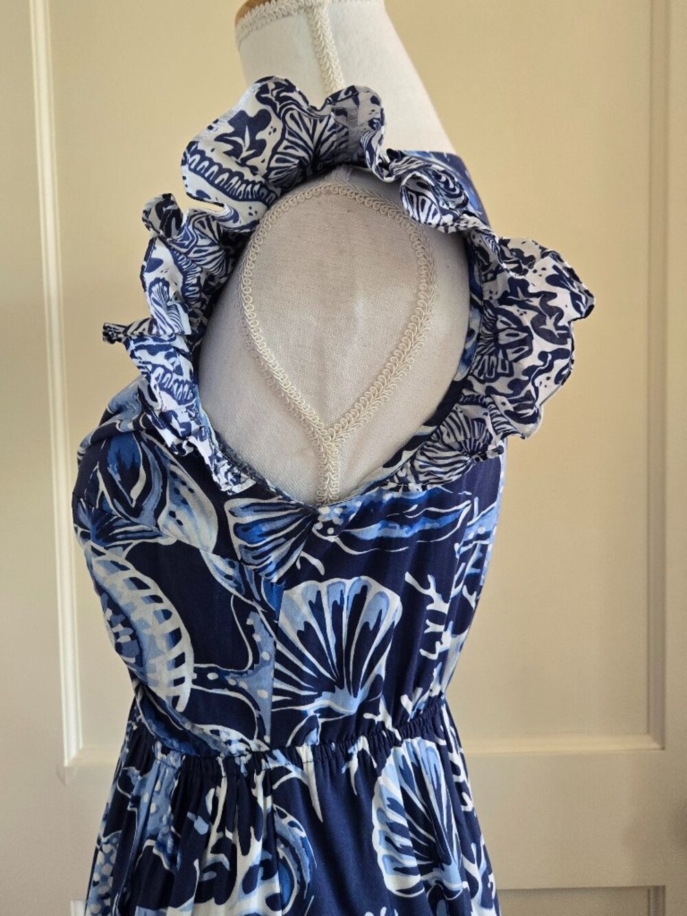 King + Pitt Navy Blue Sea Ocean Theme Ruffle Frill Cap Sleeve Maxi Dress Small - Picture 12 of 16